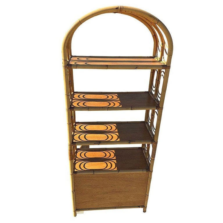 Mid-century Rattan Etagere Display Curio Cabinet w/ Mahogany Shelfs
