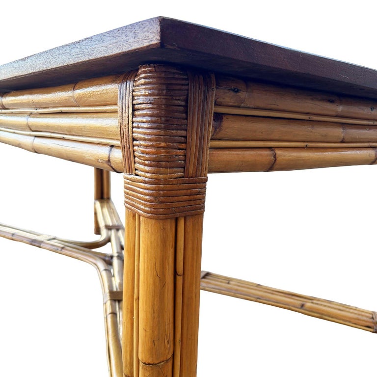 Restored Mid-century X-Pattern Coastal Rattan Dining Table w/ Mahogany Top