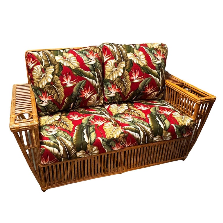 Deco Style "Presidents" Stick Reed Rattan Nantucket 3-Seat Sofa, Floral Cushions