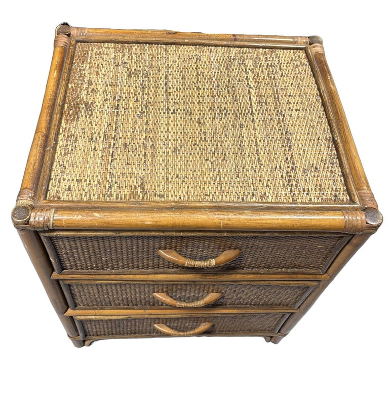 19th Century Aesthetic Movement Rattan & Woven Wicker Three Drawer Nightstand