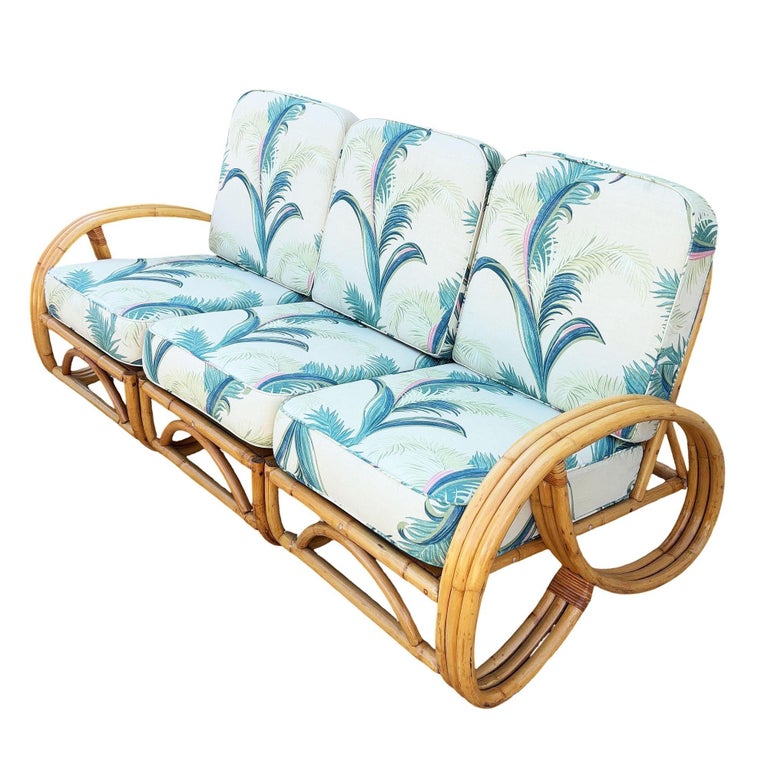 Restored Mid-Century 3-strand 3/4 Round Pretzel Arm Rattan Sectional 3-Seat Sofa