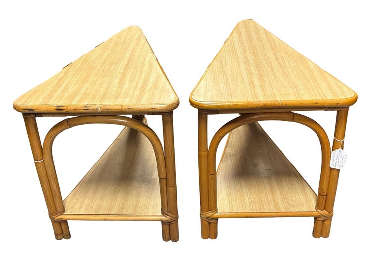 Restored MCM Rattan & Formica 2-Tiered High Arch 3-Strand Wedge Side Table, Pair