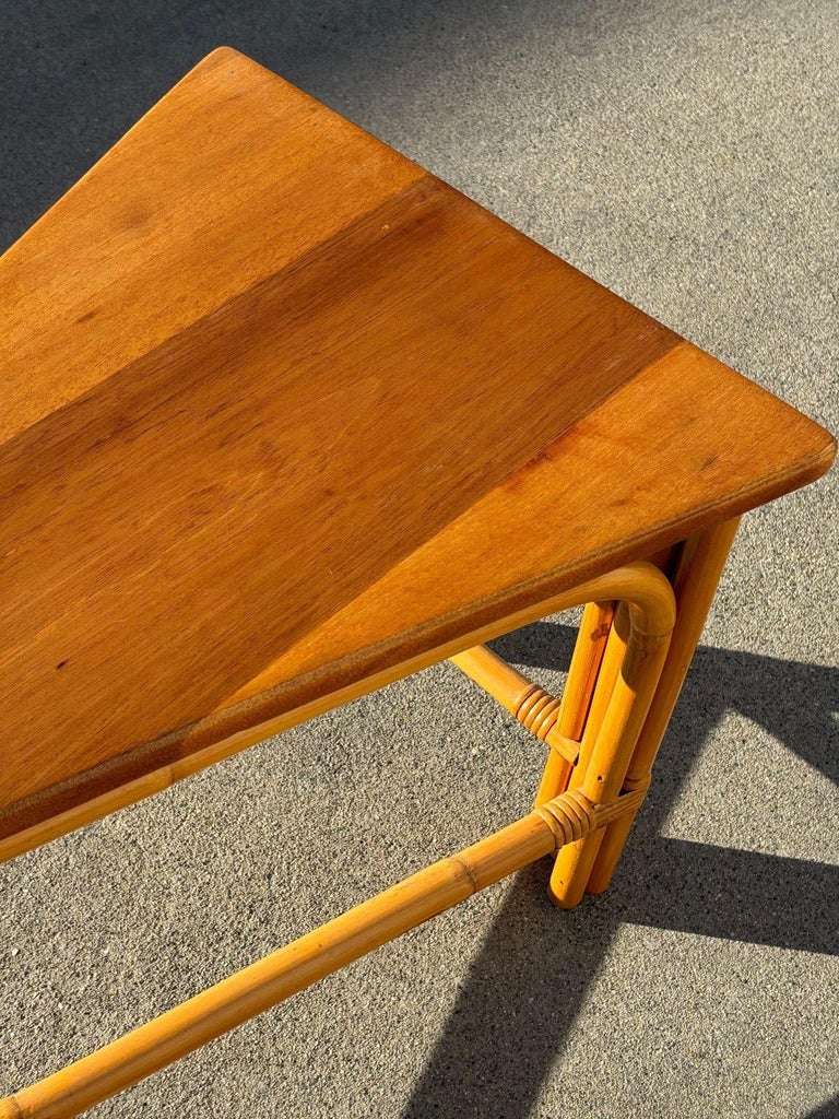 Restored Rattan Corner Wedge Table with Mahogany Tabletop