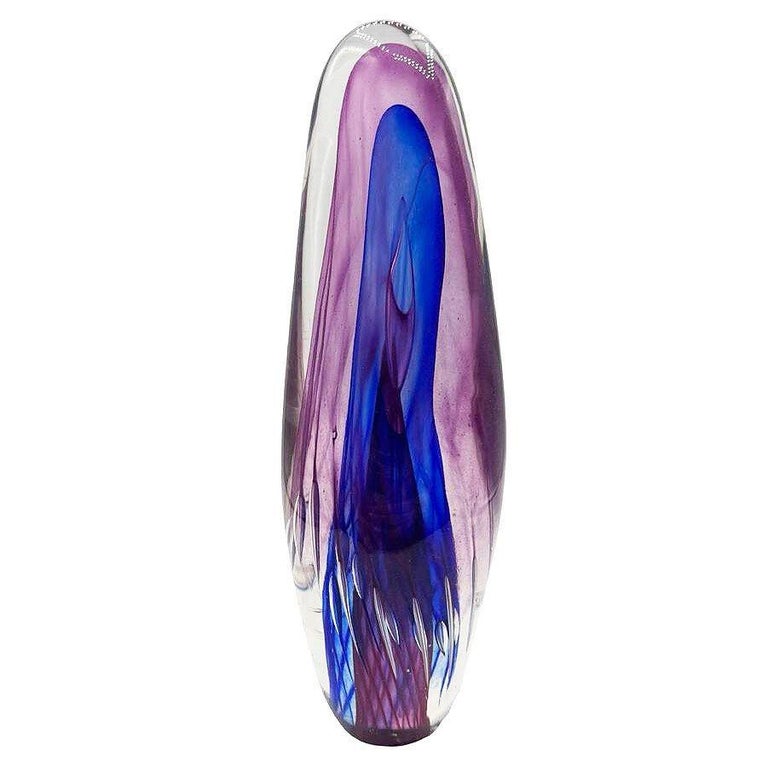 Mid-century Tear Drop Blue and Purple Murano Sommerso Art Glass Sculpture