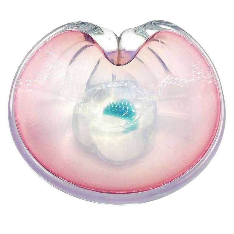 Mid-Century Murano Peacock Art Glass Pedestal Ashtray w/ Pink Pastel Swirl