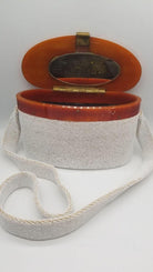 White Caviar Bead Box Purse w Tortoiseshell Celluloid Lid and Long Strap, 1950s