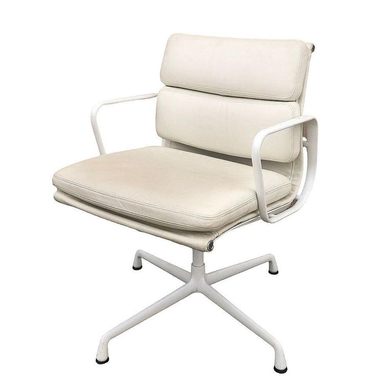 White Eames EA208 Leather Soft Pad Chair by Herman Miller, Set of 4