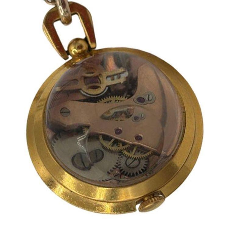 French Gold Bubble Pendant Watch w/ Skeleton View by Avril w/ 14K Gold Chain