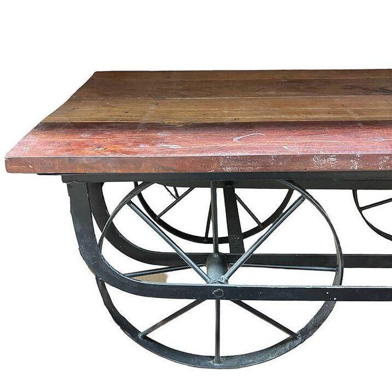 Industrial Iron & Wood Railroad Style Rolling Trolly Cart Coffee Table