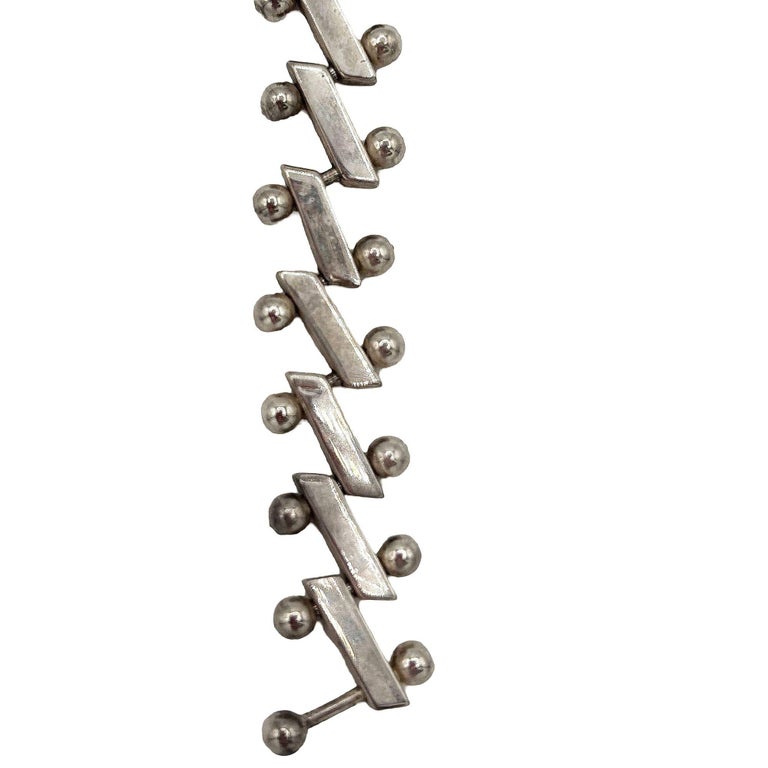 Mid-Century Heavy 925 Sterling Silver "Zig-Zag" Nuts Balls Links Bar Bracelet