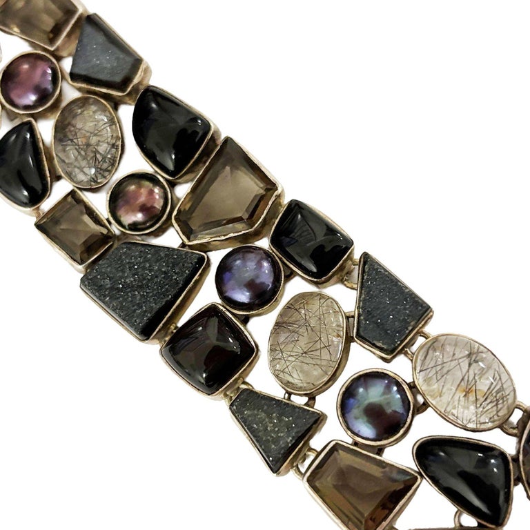 Organic Design Sterling Silver Mosaic Bracelet w/ Quartz, Ametrine, & Onyx