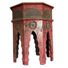 Hand Painted Moroccan Hexagon Wooden Boho Side Table w/ Brass Inlays