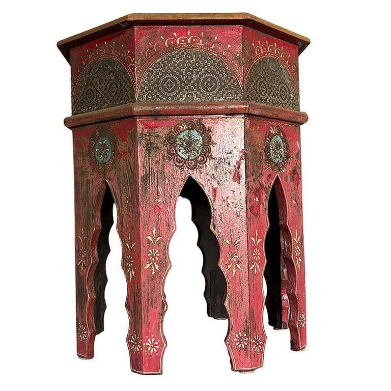 Hand Painted Moroccan Hexagon Wooden Boho Side Table w/ Brass Inlays