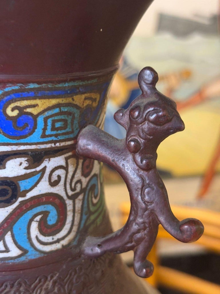 1910 Meiji Period Japanese Cloisonné Lamp with Wrought Iron and Enamel Shade