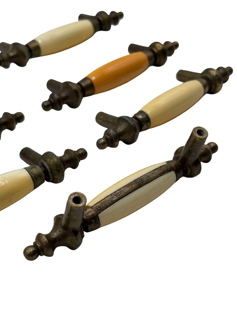 5" Patinaed Brass & Porcelain Drawer Pull Handle w/ Steeple Tips , Set of 29