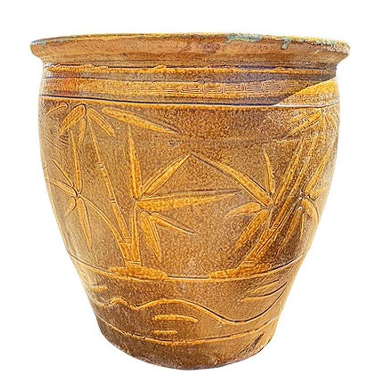 19th Century Large Bird & Bamboo Art Pottery Chinese Egg Pot Jardinière Planter