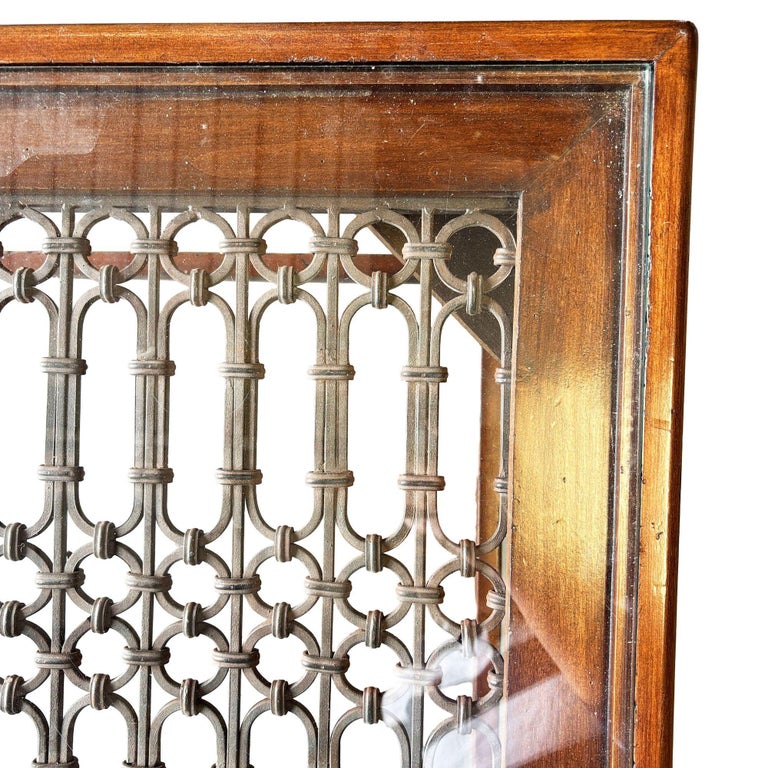 Anglo-Indian Modern Carved Sheesham Wood, Glass & Iron Window Coffee Table