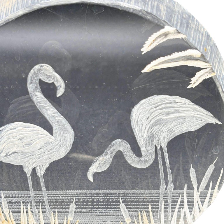 Modern Flamingos In Water Round Reverse Carved Lucite Paperweight Sculpture