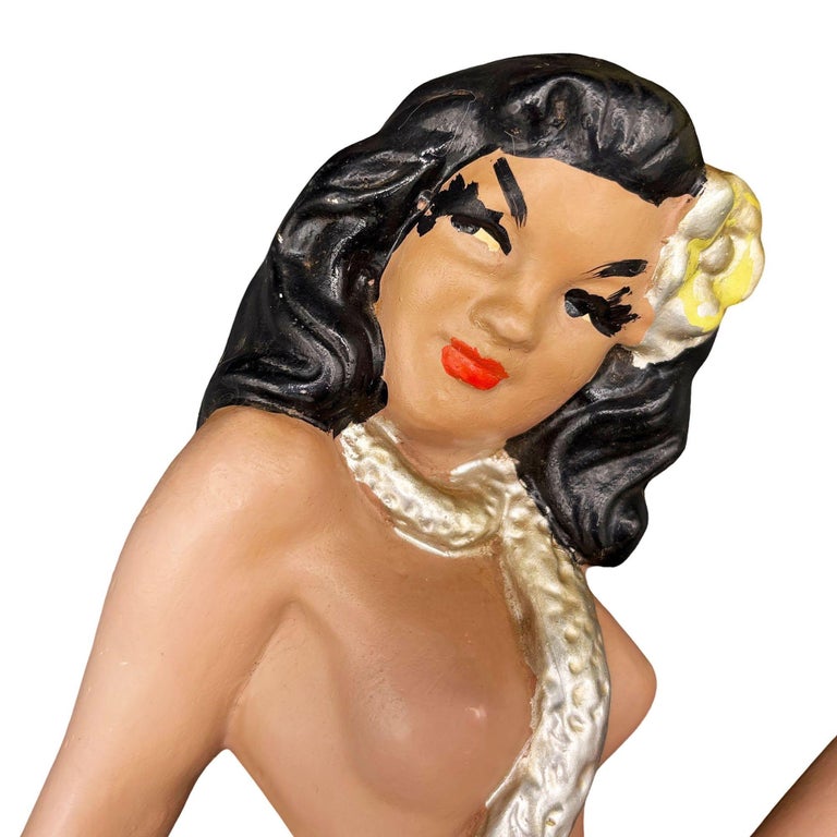 MCM Hawaiian Art Pottery Nude Pin-up Yellow Hula Girl Wall Sculpture, Pair
