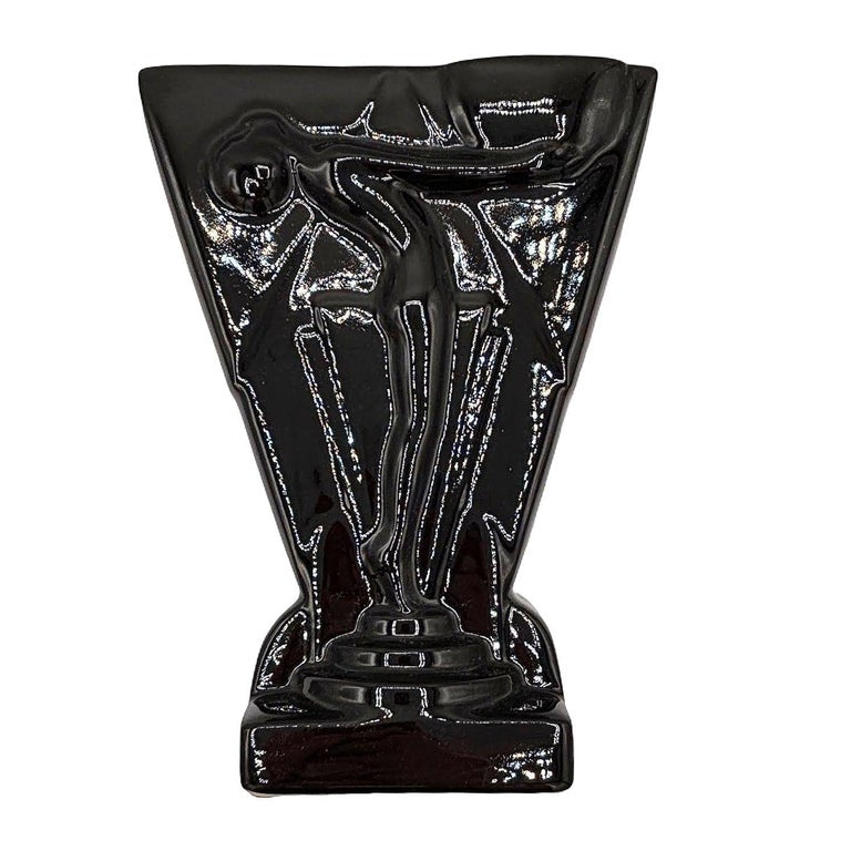 1985 Art Deco Black Pottery Vase Nude Figurine Sculpture Vase by Pelzman Design