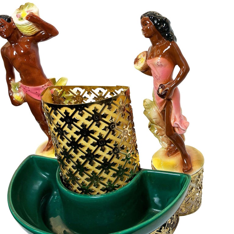 Mid-Century Hawaiian Themed Brass & Ceramic TV Lamp & Planter by Sierra Columbia