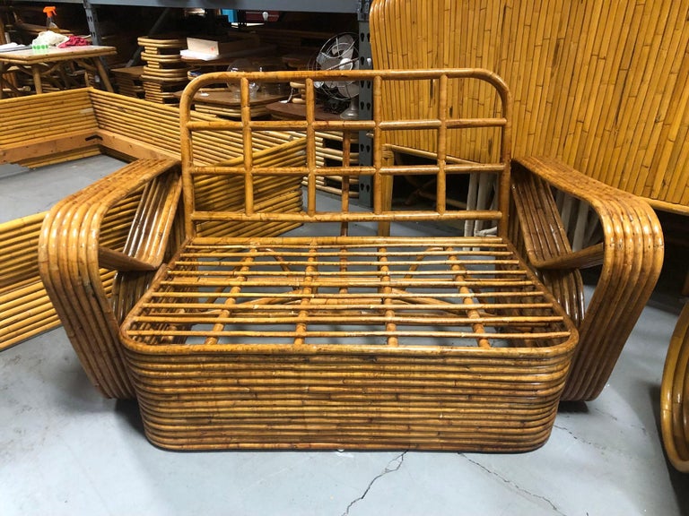 Restored MCM Six-Strand Double Triangle Pretzel Arm Tortoise Shell Rattan Settee
