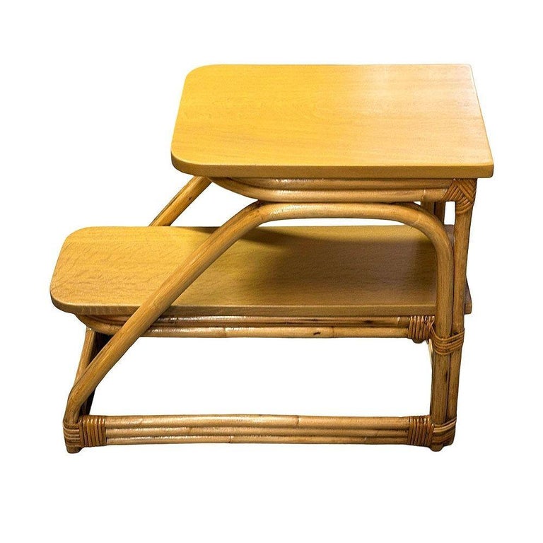 Restored Mid-Century Double-Strand Arched 2-Tiered Rattan & Oak Side Table, Pair