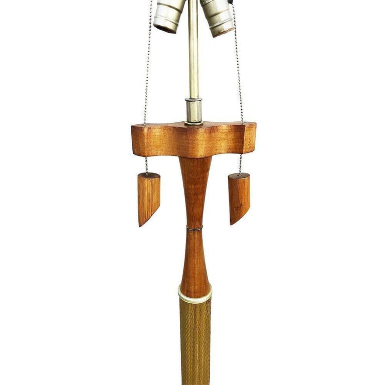 Restored High Style Koa Wood & Rattan Sculptural Floor Lamp w Ricemat Wrap, Pair