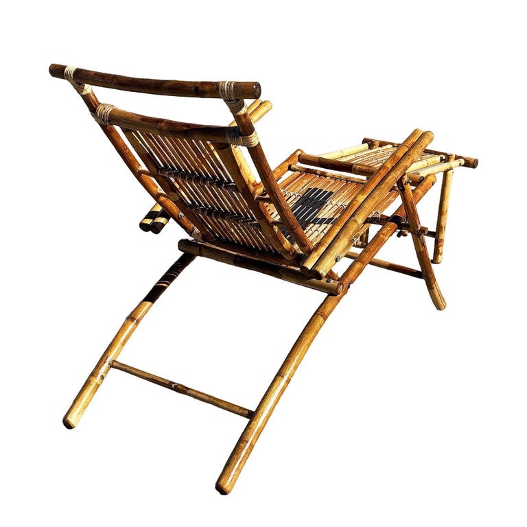 Restored Aesthetic Movement Tiger Bamboo Garden/Patio Fold Lounge Recliner, Pair