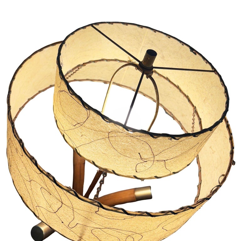 Restored Hourglass Palm Shaped Rattan & Mahogany Lamp w/ Whipple Stitch Shade