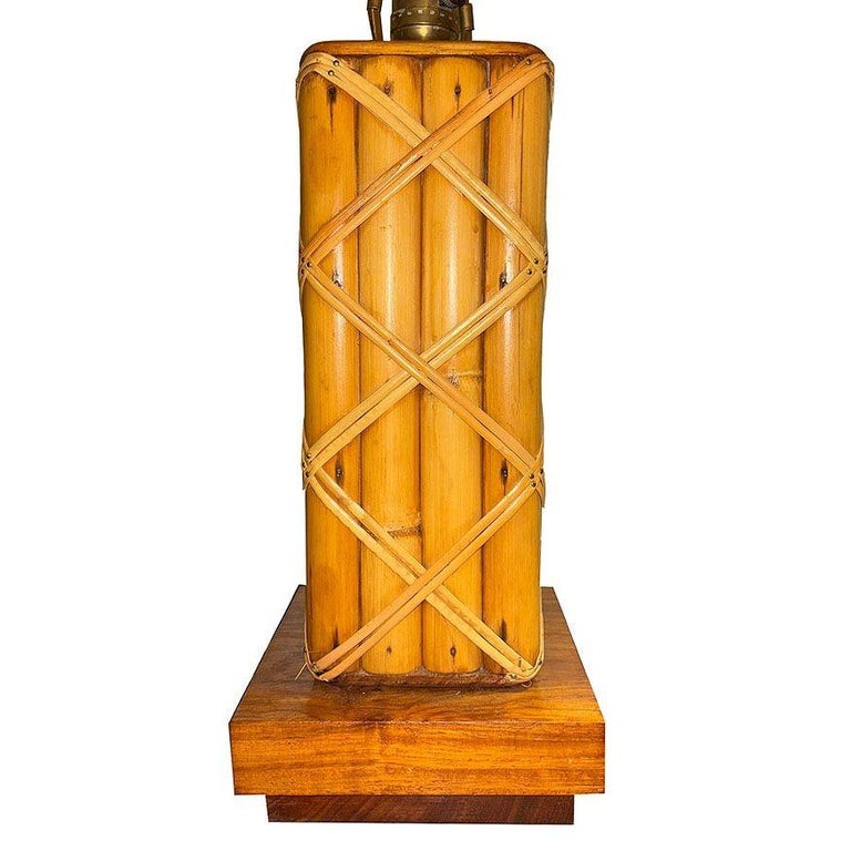 Restored Modernist Lattice Wrapped Rattan Table Lamp w/ Lamp Shade