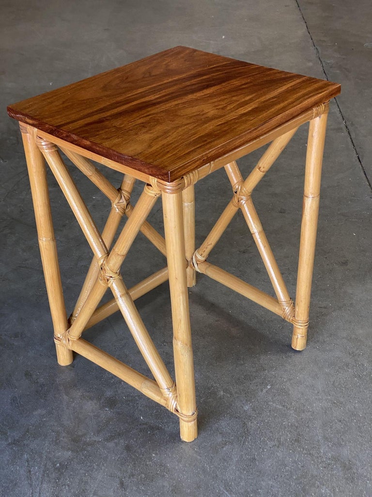 Restored Set of 3 Rattan Nesting X Side Tables with Mahogany Top