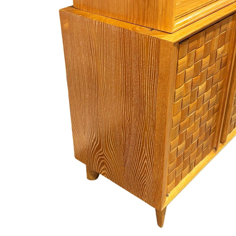 MCM Bleached Oak Basket Weave China Cabinet by Paul Laszlo for Brown Saltman