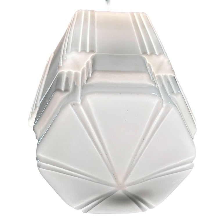 Art Deco Chrome Streamline Pendant Light w/ Skyscraper Milk Glass Shade
