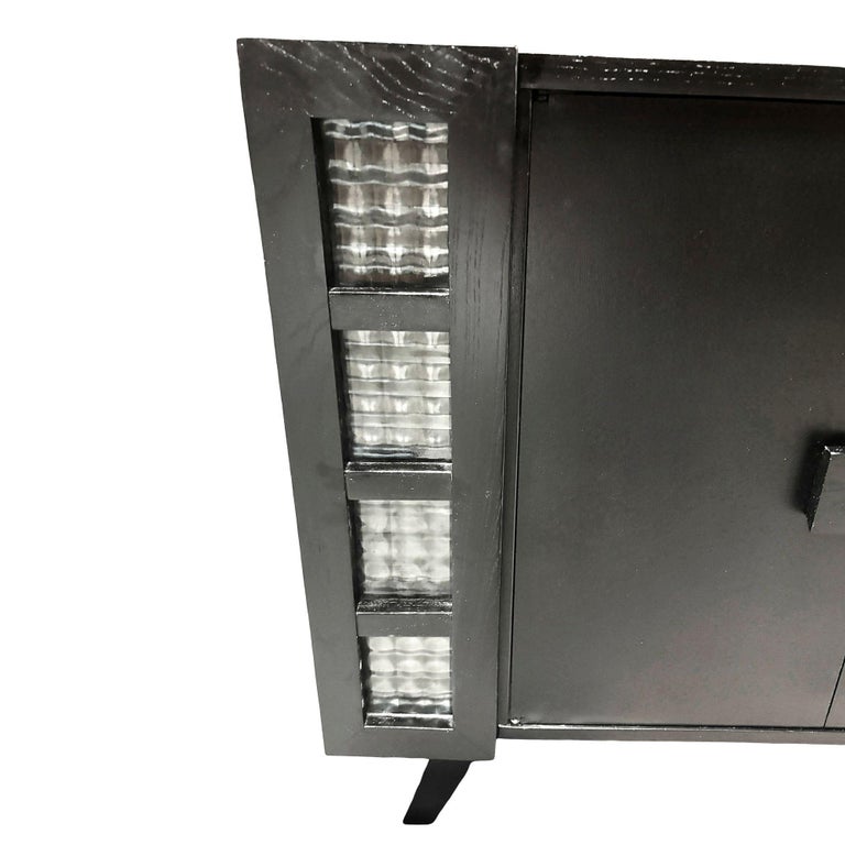 Mid Century James Mont Styled Black Lacquered & Glass Bar Cabinet & TV Stand