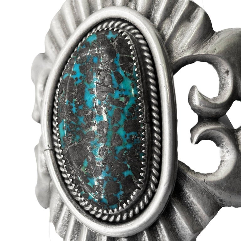 Mid-century Sterling Silver Navajo Cuff Bracelet w/ Bisbee Blue Turquoise Stone