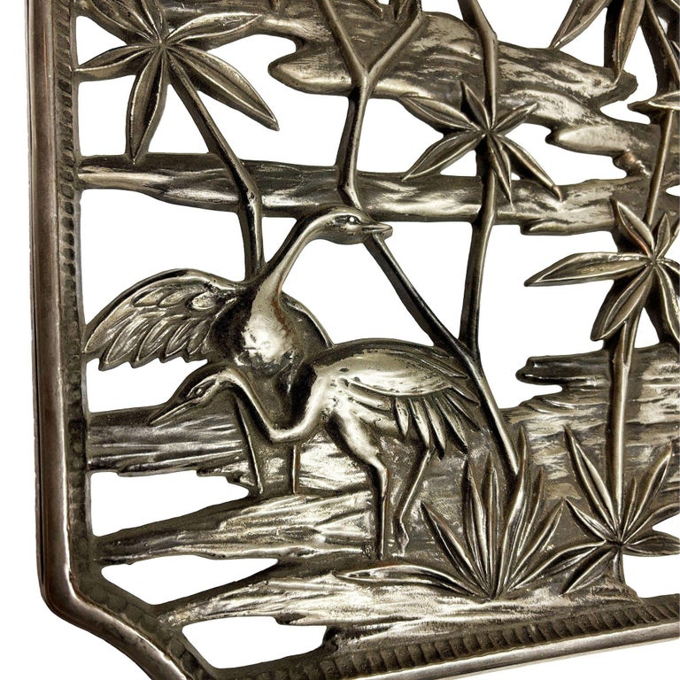 Mid-century Tropical Cranes in Water Scene Metal Wall Scupture by Syroco