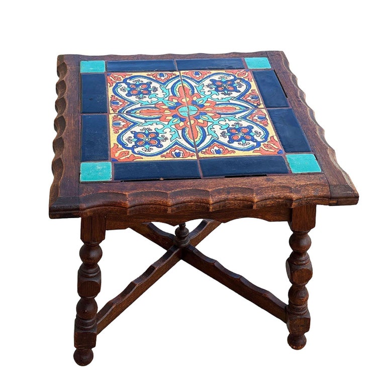 1930 Spanish Style Sculpted Dark Stained Mahogany Side Table w/ Taylor Tile-Top