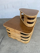 Restored Stacked Two-Tier Rattan Corner Side Table