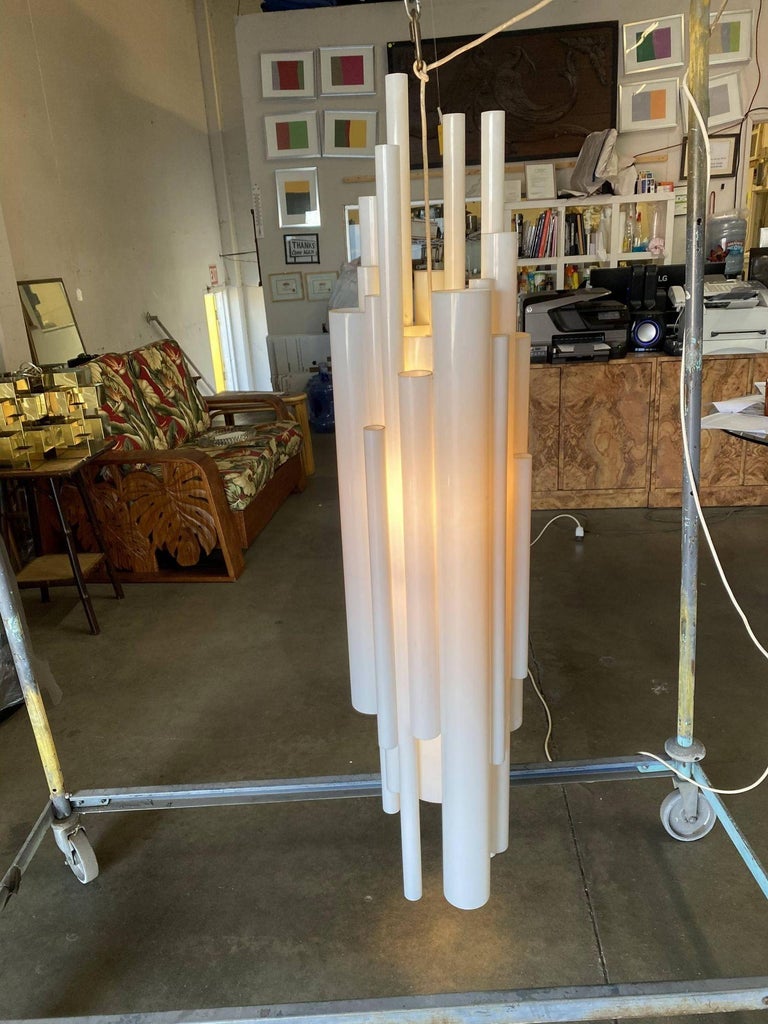 Modernist White Lucite Stacked Tube Chandelier by Rougier, Circa 1970s