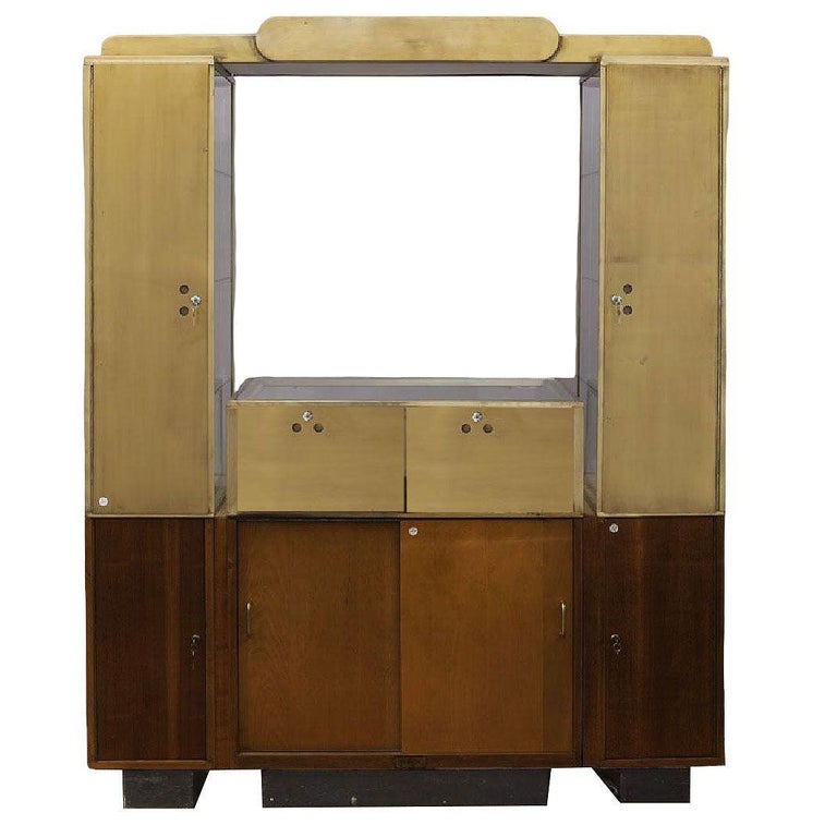 Rare Streamline Art Deco Brass & Oak Double Tower Display Case by Parker Pens