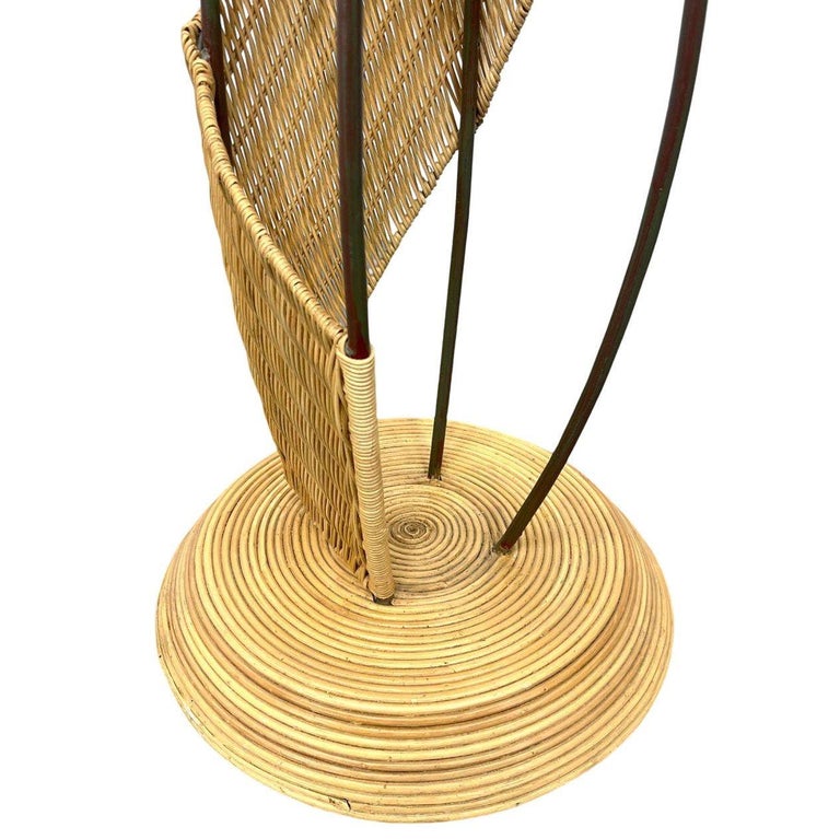 Mid-Century Woven Wicker & Iron Sculptural Coat Rack w/ Reed Pencil Rattan Base