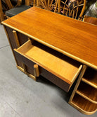 Streamline Mahogany and Rattan Writing Desk with Rattan Pulls & Shelf