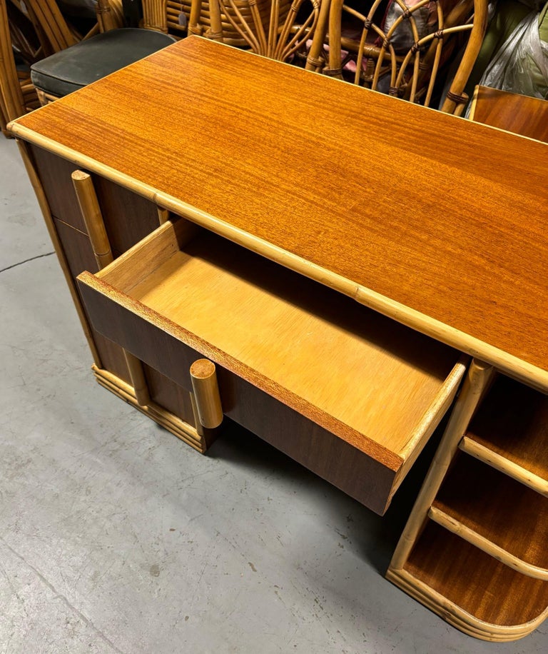 Streamline Mahogany and Rattan Writing Desk with Rattan Pulls & Shelf