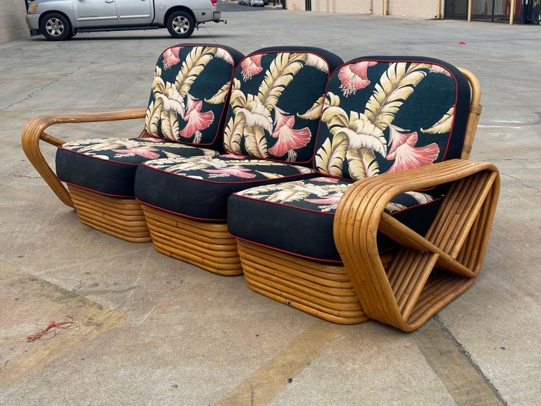 Restored MCM Frankl Style Six-strand Rattan Sofa, Table, Chair Livingroom Set