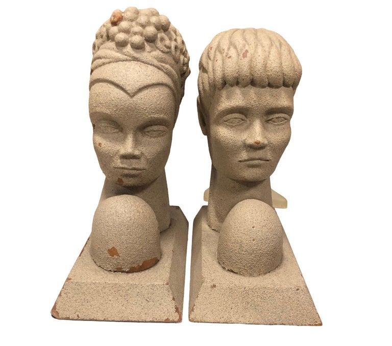 Mid-Century Modern Hawaiian Male and Female Bookends, Pair