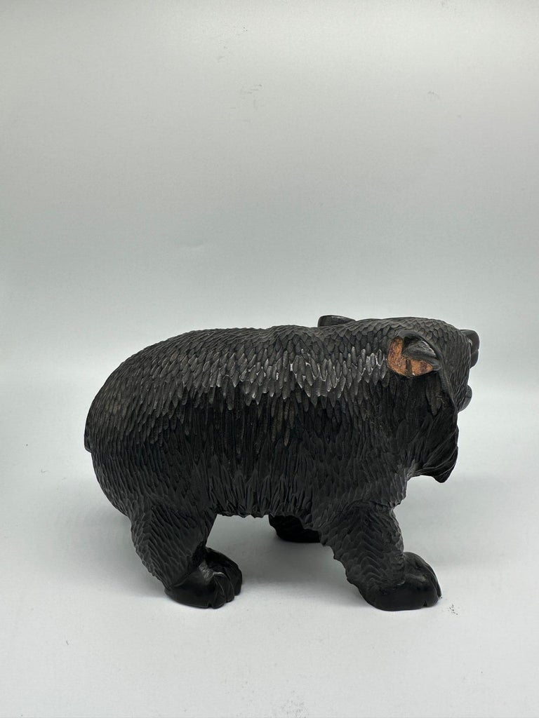 Ainun Black Bear Hand Carved Wood Sculpture with Glass Eyes