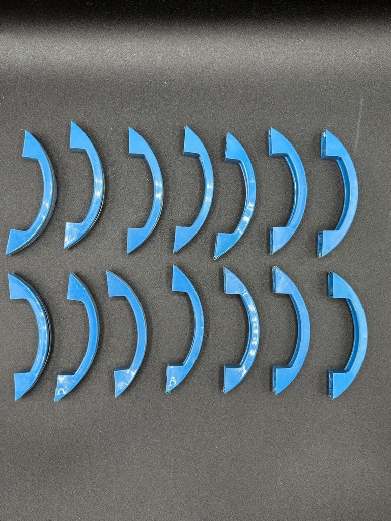 Art Deco Blue Bakelite Drawer Pulls w/ Chrome Strip, Set of 14