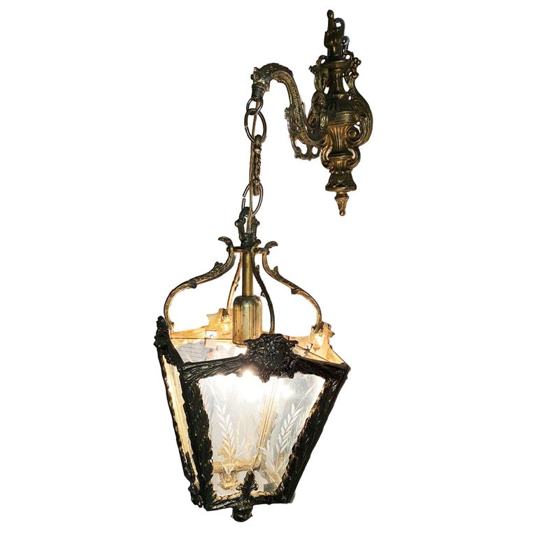 Italian Rococco Style Brass Lantern Hanging Wall Sconce w/ Etched Glass Panels