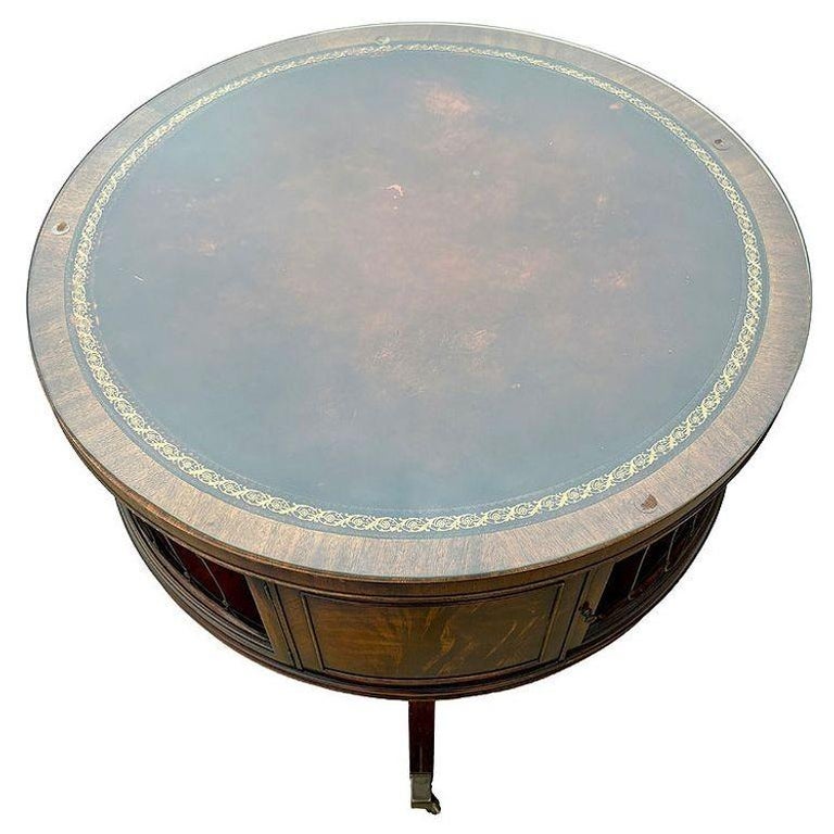 Mahogany & Brass Round Drum Coffee Table w/ Inlaid Leather by Weiman (SIGNED?)